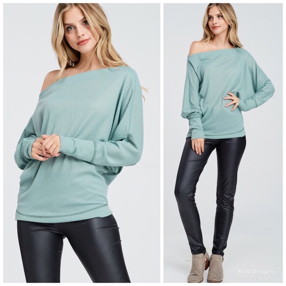 🛍LAST 1! Waffle Knit Off Shoulder Dolman Top - Picture 3 of 6